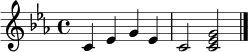 \relative c' {
\key c \minor
\time 4/4
c4 es g es
c2 <c es g>
\bar "|."
}