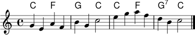 
<<
  \new ChordNames \chordmode {
    c2 f g c c f g:7 c
  }
  \new Staff \relative c'' {
    \key c \major
    \time 4/4
    g4 e a f | b g c2 | e4 g a f | d b c2 \bar "|."
  }
>>
