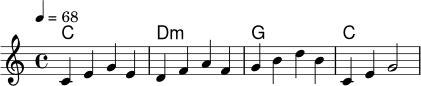 <<
\new ChordNames \chordmode { c1 d1:m g1 c1 }
\new Staff \relative c' {
\key c \major
\time 4/4
\tempo 4 = 68
c4 e g e |
d f a f |
g b d b |
c, e g2 |
}
>>