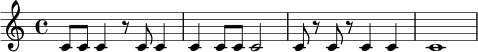 
\relative c' { \time 4/4 c8 c c4 r8 c c4 | c4 c8 c c2 | c8 r c r c4 c | c1 }

