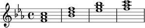 \relative c' {
\time 4/4
\key f \dorian
<f aes c>1 |
<bes d f>1 |
<ees g bes>1 |
<f aes c>1 |
}