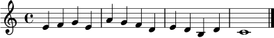 \relative c' { \clef treble \key c \major \time 4/4 e4 f g e | a4 g f d | e4 d b d | c1 \bar "|." }