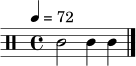 \relative c' { \clef percussion \time 4/4 \tempo 4 = 72 c2 c4 c4 \bar "|." }