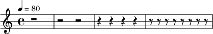 \relative c' {
\tempo 4=80
\time 4/4
r1 |
r2 r2 |
r4 r4 r4 r4 |
r8 r8 r8 r8 r8 r8 r8 r8 |
}