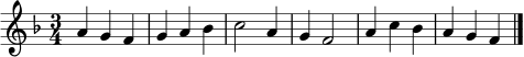 \relative c'' {
\clef treble
\key f \major
\time 3/4
\set Staff.midiInstrument = "flute"
a4 g f | g4 a bes | c2 a4 | g4 f2 | a4 c bes | a4 g f \bar "|."
}