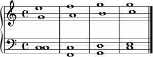 \version "2.22.0"
\score {
\new PianoStaff <<
\new Staff \relative c'' {
\key c \major
\time 4/4
<<
{ \voiceOne g1 a b c }
\new Voice { \voiceTwo e1 f g g }
>>
\bar "|."
}
\new Staff \relative c {
\clef bass
\key c \major
<<
{ \voiceOne c1 c d e }
\new Voice { \voiceTwo c1 f, g c }
>>
}
>>
\layout { }
\midi { \tempo 4 = 60 }
}