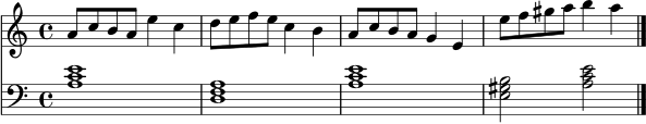 \score {
<<
\new Staff {
\clef treble
\key a \minor
\time 4/4
a'8 c'' b' a' e''4 c'' d''8 e'' f'' e'' c''4 b'
a'8 c'' b' a' g'4 e' e''8 f'' gis'' a'' b''4 a'' \bar "|."
}
\new Staff {
\clef bass
\key a \minor
\time 4/4
<a c' e'>1 <d f a>1 <a c' e'>1 <e gis b>2 <a c' e'>2 \bar "|."
}
>>
\layout { }
\midi { \tempo 4 = 86 }
}