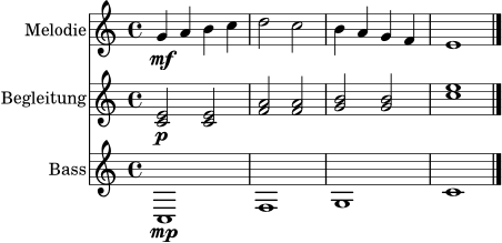 <<
\new Staff \with { instrumentName = "Melodie" midiInstrument = "flute" } \relative c'' { \key c \major \time 4/4 g4\mf a b c | d2 c | b4 a g f | e1 \bar "|." }
\new Staff \with { instrumentName = "Begleitung" midiInstrument = "acoustic guitar (nylon)" } \relative c' { \key c \major \time 4/4 <c e>2\p <c e> | <f a>2 <f a> | <g b>2 <g b> | <c e>1 \bar "|." }
\new Staff \with { instrumentName = "Bass" midiInstrument = "acoustic bass" } \relative c { \key c \major \time 4/4 c1\mp | f1 | g1 | c1 \bar "|." }
>>