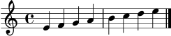 
\version "2.22.0"
\language "deutsch"
\score {
  \new Staff { \clef treble \time 4/4 e'4 f' g' a' h' c'' d'' e'' \bar "|." }
  \layout { }
  \midi { \tempo 4 = 84 }
}
