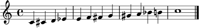 
\relative c' {
  \clef treble
  \time 4/4
  c4 cis d es | e f fis g | gis a bes b | c1 \bar "|."
}
