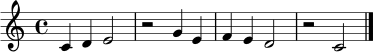 \relative c' {
\clef treble
\key c \major
\time 4/4
c4 d e2 | r2 g4 e | f4 e d2 | r2 c2 \bar "|."
}
