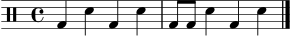 
\version "2.22.0"
\score {
  \new DrumStaff \drummode {
    \time 4/4
    bd4 sn4 bd4 sn4 | bd8 bd8 sn4 bd4 sn4 | \bar "|."
  }
  \layout { }
}
