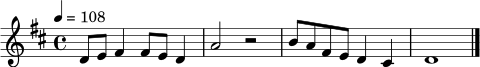\relative c' {
\clef treble
\key d \major
\time 4/4
\tempo 4 = 108
d8 e fis4 fis8 e d4 | a'2 r2 | b8 a fis e d4 cis | d1
\bar "|."
}