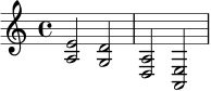 \relative c' {
\clef treble
\time 4/4
<a e'>2 <g d'> | <d a'>2 <a e'> |
}