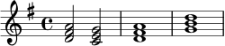 \relative c' {
\key g \major
\time 4/4
<d fis a>2 <c e g>2 |
<d fis a>1 |
<g b d>1 |
}