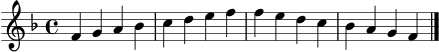 \version "2.22.0"
\language "deutsch"
\header { tagline = "" }
\score {
\new Staff \relative f' {
\clef treble
\key f \major
\time 4/4
f4 g a b
c d e f
f e d c
b a g f
\bar "|."
}
\layout { }
\midi { \tempo 4 = 84 }
}