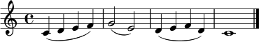 \relative c' {
\clef treble
\time 4/4
c4( d e f) | g2( e) | d4( e f d) | c1 \bar "|."
}