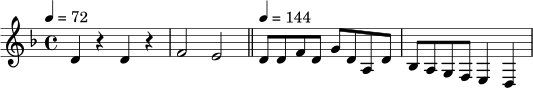 \relative c' {
\key d \minor
\time 4/4
\tempo 4 = 72
d4 r4 d4 r4 |
f2 e2 |
\bar "||"
\tempo 4 = 144
d8 d f d g d a d |
bes8 a g f e4 d4
}