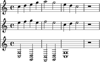 \version "2.22.0"
\score {
<<
\new Staff \with { midiInstrument = "flute" } \relative c'' { \time 4/4 c4 d e g | a2 g | e4 d c2 | r1 | }
\new Staff \with { midiInstrument = "violin" } \relative c'' { \time 4/4 e4 f g e | f2 e | c4 d e2 | r1 | }
\new Staff \with { midiInstrument = "acoustic grand" } \relative c { \time 4/4 <c g'>2 <g d'> | <f c'> <g d'> | <c g'>1 | r1 | }
>>
\layout { }
\midi { }
}