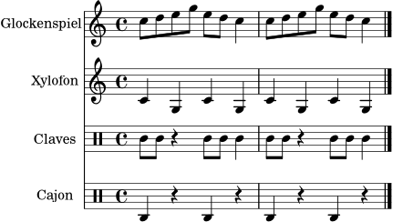 \score {
<<
\new Staff \with { instrumentName = "Glockenspiel" } \relative c'' {
\time 4/4 \key c \major
c8 d e g e d c4 | c8 d e g e d c4 \bar "|."
}
\new Staff \with { instrumentName = "Xylofon" } \relative c' {
\time 4/4 \key c \major
c4 g c g | c4 g c g \bar "|."
}
\new Staff \with { instrumentName = "Claves" } \relative c' {
\clef percussion \time 4/4
c8 c r4 c8 c c4 | c8 c r4 c8 c c4 \bar "|."
}
\new Staff \with { instrumentName = "Cajon" } \relative c {
\clef percussion \time 4/4
c4 r c r | c4 r c r \bar "|."
}
>>
\layout { }
\midi { \tempo 4 = 96 }
}