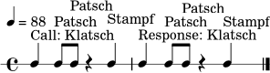
\version "2.22.0"
\header { tagline = ##f }
\paper { indent = 0\mm }
\score {
  \new RhythmicStaff {
    \tempo 4 = 88
    \time 4/4
    c4^\markup { "Call: Klatsch" } c8^\markup { "Patsch" } c8^\markup { "Patsch" } r4 c4^\markup { "Stampf" }
    c4^\markup { "Response: Klatsch" } c8^\markup { "Patsch" } c8^\markup { "Patsch" } r4 c4^\markup { "Stampf" }
    \bar "|."
  }
  \layout { }
  \midi { }
}
