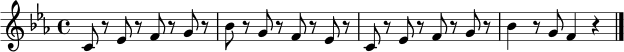 \relative c' { \clef treble \key c \minor \time 4/4 c8 r ees r f r g r | bes8 r g r f r ees r | c8 r ees r f r g r | bes4 r8 g f4 r \bar "|." }
