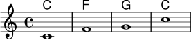 
<<
  \new ChordNames \chordmode { c1 f1 g1 c1 }
  \new Staff \relative c' {
    \key c \major
    \time 4/4
    c1 | f | g | c |
  }
>>
