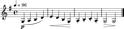 \relative c' {
\key g \major
\time 4/4
\tempo 4 = 96
g4\p( a b d) | e4\< d b g\! | a4-. b-. c-. a-. | g2\> g\! \bar "|."
}