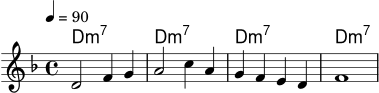 \version "2.20.0"
\score {
<<
\new ChordNames {
\chordmode { d1:m7 d1:m7 d1:m7 d1:m7 }
}
\new Staff \relative c' {
\set Staff.midiInstrument = "tenor sax"
\clef treble
\key d \minor
\time 4/4
\tempo 4 = 90
d2 f4 g | a2 c4 a | g4 f e d | f1 |
}
>>
\layout { }
\midi { }
}