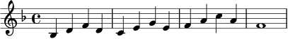 \relative c' {
\key f \major
\time 4/4
bes4 d f d | c e g e | f a c a | f1 |
}
