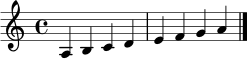 \relative c' { \clef treble \key a \minor \time 4/4 a4 b c d | e f g a \bar "|." }