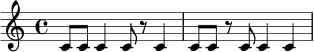 \version "2.24.0"
\relative c' {
\time 4/4
c8 c c4 c8 r c4 |
c8 c r c c4 c |
}