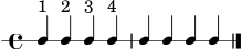 
\version "2.24.0"
\header { tagline = ##f }
\score {
  \new RhythmicStaff {
    \time 4/4
    c4^\markup { "1" } c4^\markup { "2" } c4^\markup { "3" } c4^\markup { "4" } |
    c4 c4 c4 c4 |
    \bar "|."
  }
  \layout { ragged-right = ##t }
  \midi { \tempo 4 = 84 }
}
