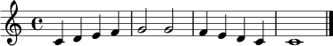 \relative c' { \time 4/4 \key c \major \set Staff.midiInstrument = "violin" c4 d e f | g2 g | f4 e d c | c1 \bar "|." }