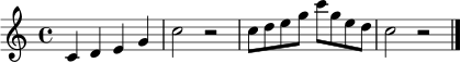 \relative c' {
\clef treble
\key c \major
\time 4/4
c4 d e g | c2 r |
c8 d e g c g e d | c2 r \bar "|."
}