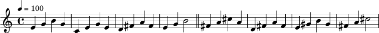 \relative c' {
\time 4/4
\tempo 4 = 100
e4 g b g | c, e g e | d fis a fis | e g b2 |
\bar "||"
fis4 a cis a | d, fis a fis | e gis b gis | fis a cis2 |
}