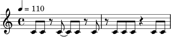 \relative c' {
\time 4/4
\tempo 4 = 110
c8 c r c~ c c r c |
r8 c c c r4 c8 c |
}