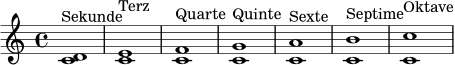 {
\clef treble
\time 4/4
<c' d'>1^\markup { "Sekunde" }
<c' e'>^\markup { "Terz" }
<c' f'>^\markup { "Quarte" }
<c' g'>^\markup { "Quinte" }
<c' a'>^\markup { "Sexte" }
<c' b'>^\markup { "Septime" }
<c' c''>^\markup { "Oktave" }
}