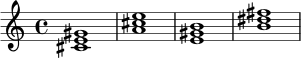 
\chordmode {
  \time 4/4
  cis1:m | a1 | e1 | b1 |
}
