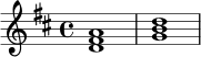 \relative c' {
\key d \major
\time 4/4
<d fis a>1 |
<g b d>1 |
}