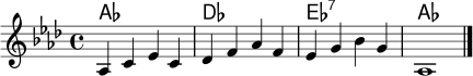 
<<
\new ChordNames \chordmode { aes1 des ees:7 aes }
\new Staff \relative c' {
  \key aes \major
  \time 4/4
  aes4 c ees c | des4 f aes f | ees4 g bes g | aes,1 \bar "|."
}
>>
