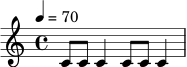 \relative c' {
\time 4/4
\tempo 4 = 70
c8 c8 c4 c8 c8 c4
}