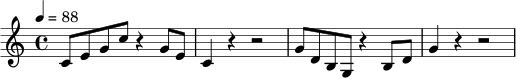 
\relative c' {
  \clef treble
  \key c \major
  \time 4/4
  \tempo 4 = 88
  c8 e g c r4 g8 e
  c4 r4 r2
  g'8 d b g r4 b8 d
  g4 r4 r2
}
