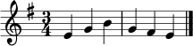 \relative c' {
\time 3/4
\key e \minor
e4 g b
g fis e
\bar "|."
}