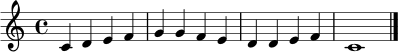 \relative c' {
\clef treble
\time 4/4
c4 d e f | g g f e | d d e f | c1 \bar "|."
}