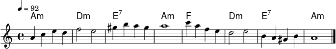 \version "2.22.0"
akkorde = \chordmode { a1:m d:m e:7 a:m f d:m e:7 a:m }
melodie = \relative c'' { \key a \minor \time 4/4 \tempo 4 = 92 a4 c e d | f2 e | gis4 b a gis | a1 | c4 a f e | d2 e | b4 a gis b | a1 \bar "|." }
\score {
<<
\new ChordNames \akkorde
\new Staff \melodie
>>
\layout { }
\midi { \tempo 4 = 92 }
}