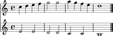 \version "2.24.0"
\score {
<<
\new Staff \relative c'' {
\clef treble
\time 4/4
c4 d e f | g2 g | a4 g f e | d1 \bar "|."
}
\new Staff \relative c' {
\clef treble
\time 4/4
e2 e | d2 d | c2 c | b1 \bar "|."
}
>>
\layout { }
\midi { \tempo 4 = 90 }
}