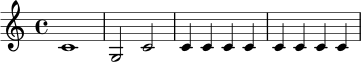 
\relative c' {
  \time 4/4
  c1 |
  g2 c2 |
  c4 c c c |
  c4 c c c
}
