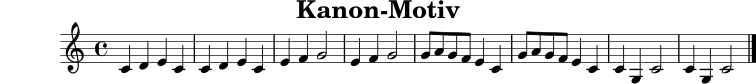 \version "2.22.0"
\header { title = "Kanon-Motiv" tagline = ##f }
musik = \relative c' { \clef treble \time 4/4 c4 d e c | c d e c | e f g2 | e4 f g2 | g8 a g f e4 c | g'8 a g f e4 c | c g c2 | c4 g c2 \bar "|." }
\score {
\new Staff \with { midiInstrument = "choir aahs" } { \musik }
\layout { }
\midi { \tempo 4 = 96 }
}