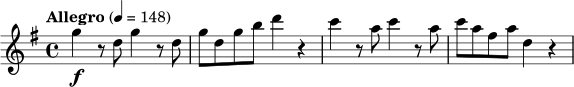 
\relative c''' {
  \set Staff.midiInstrument = #"string ensemble 1"
  \tempo "Allegro" 4 = 148
  \key g \major
  \time 4/4
  g4\f r8 d8 g4 r8 d8 |
  g8 d g b d4 r4 |
  c4 r8 a8 c4 r8 a8 |
  c8 a fis a d,4 r4 |
}
